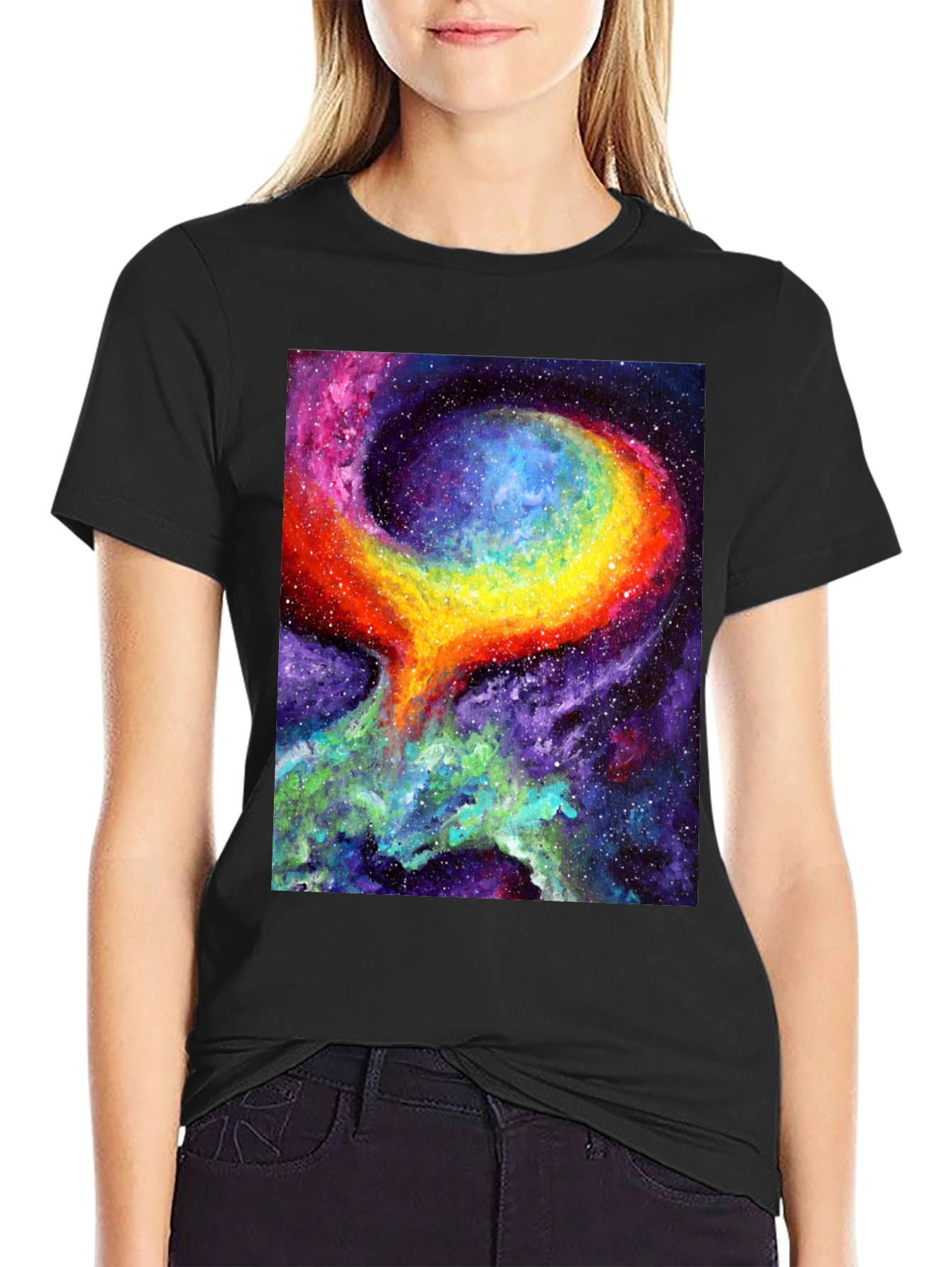 Camiseta Negra con Diseño de Galaxia Psicodélica