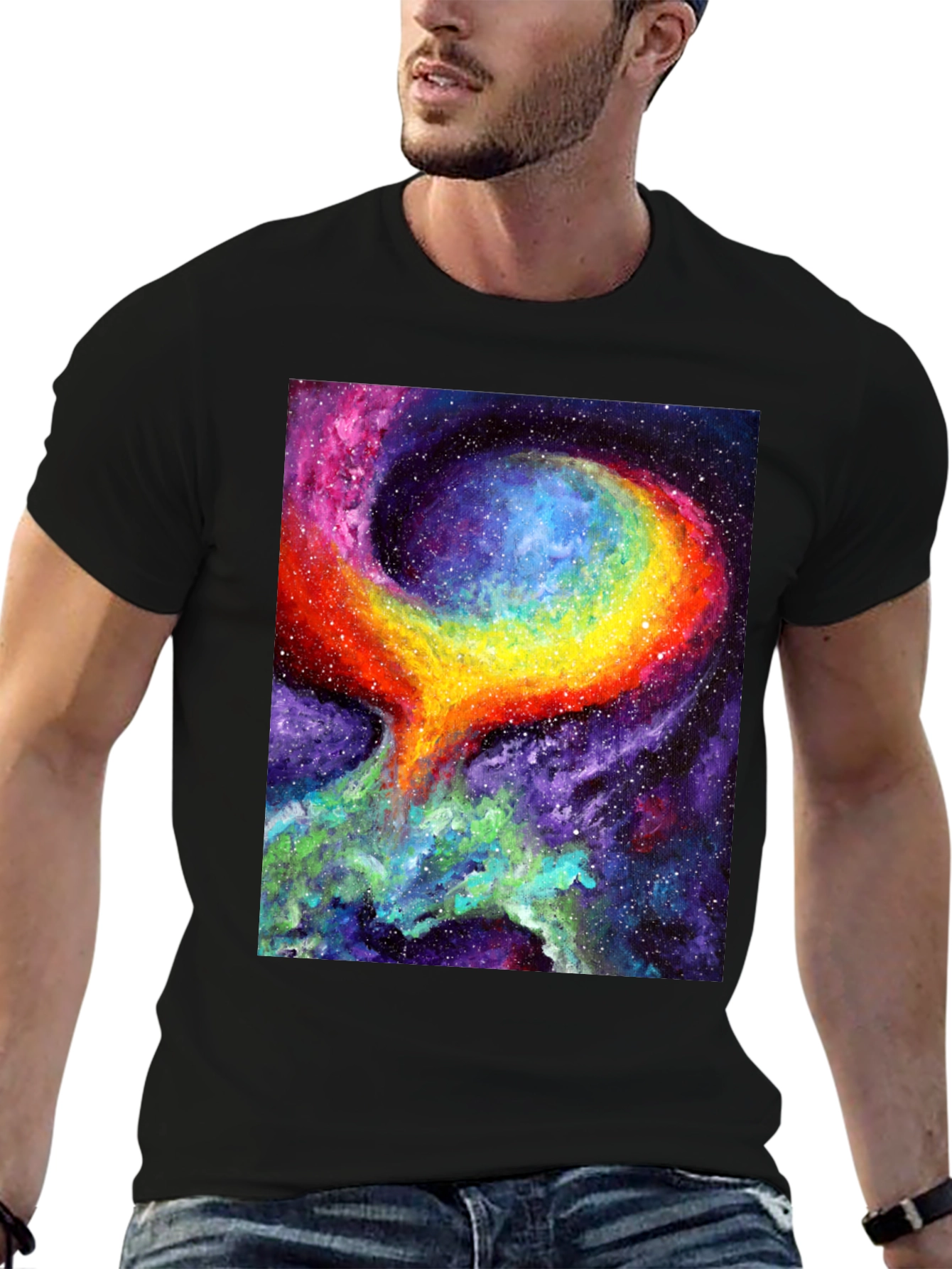 Camiseta Negra con Diseño de Galaxia Psicodélica