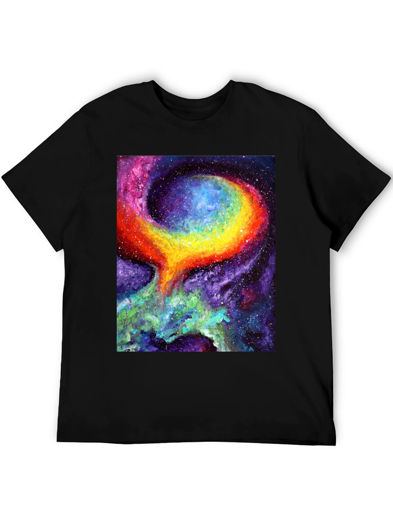 Camiseta Negra con Diseño de Galaxia Psicodélica