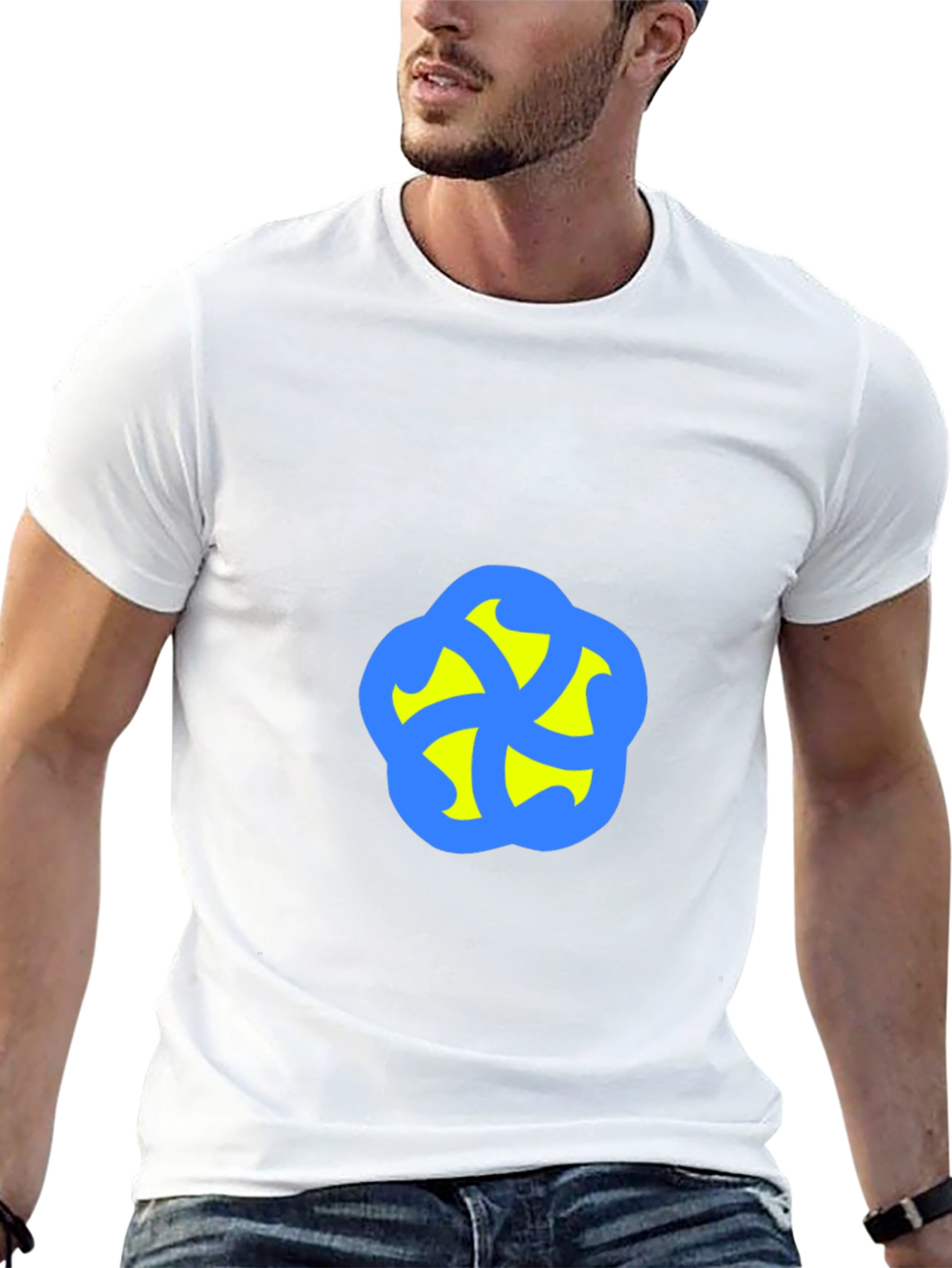 Camiseta Negra con Diseño Abstracto Azul y Amarillo