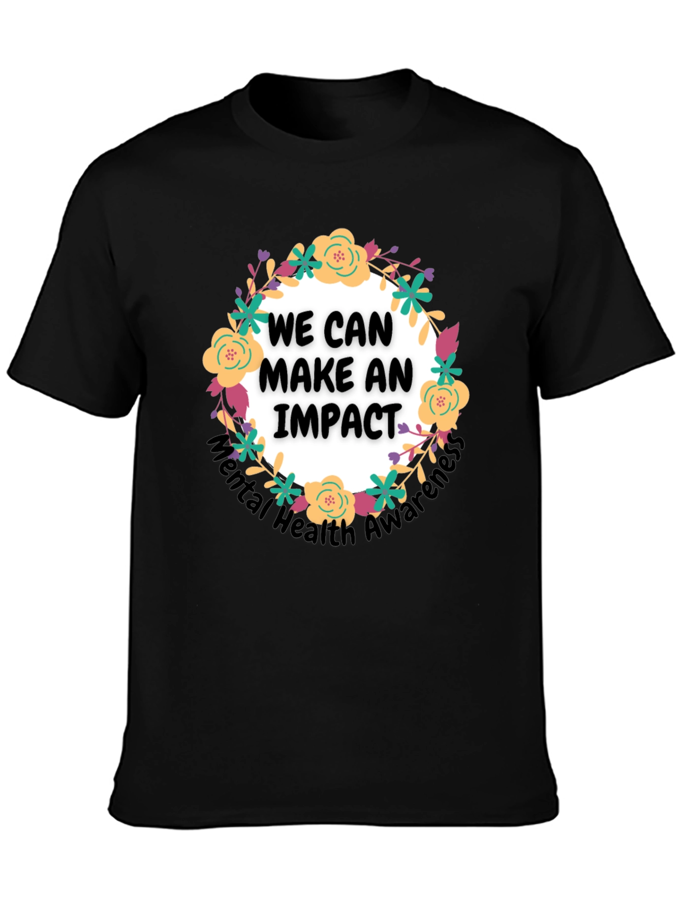Camiseta Negra con Diseño Floral Impacto Salud Mental