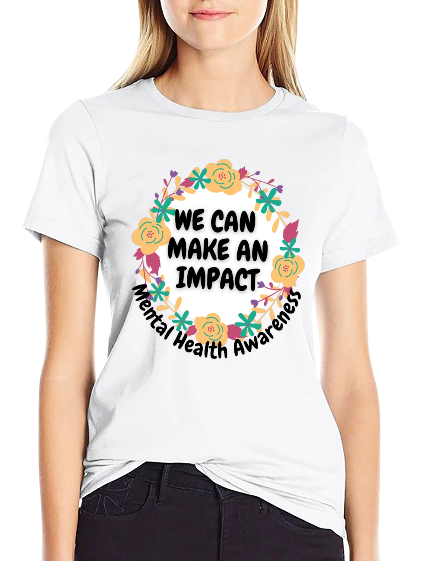 Camiseta Negra con Diseño Floral Impacto Salud Mental