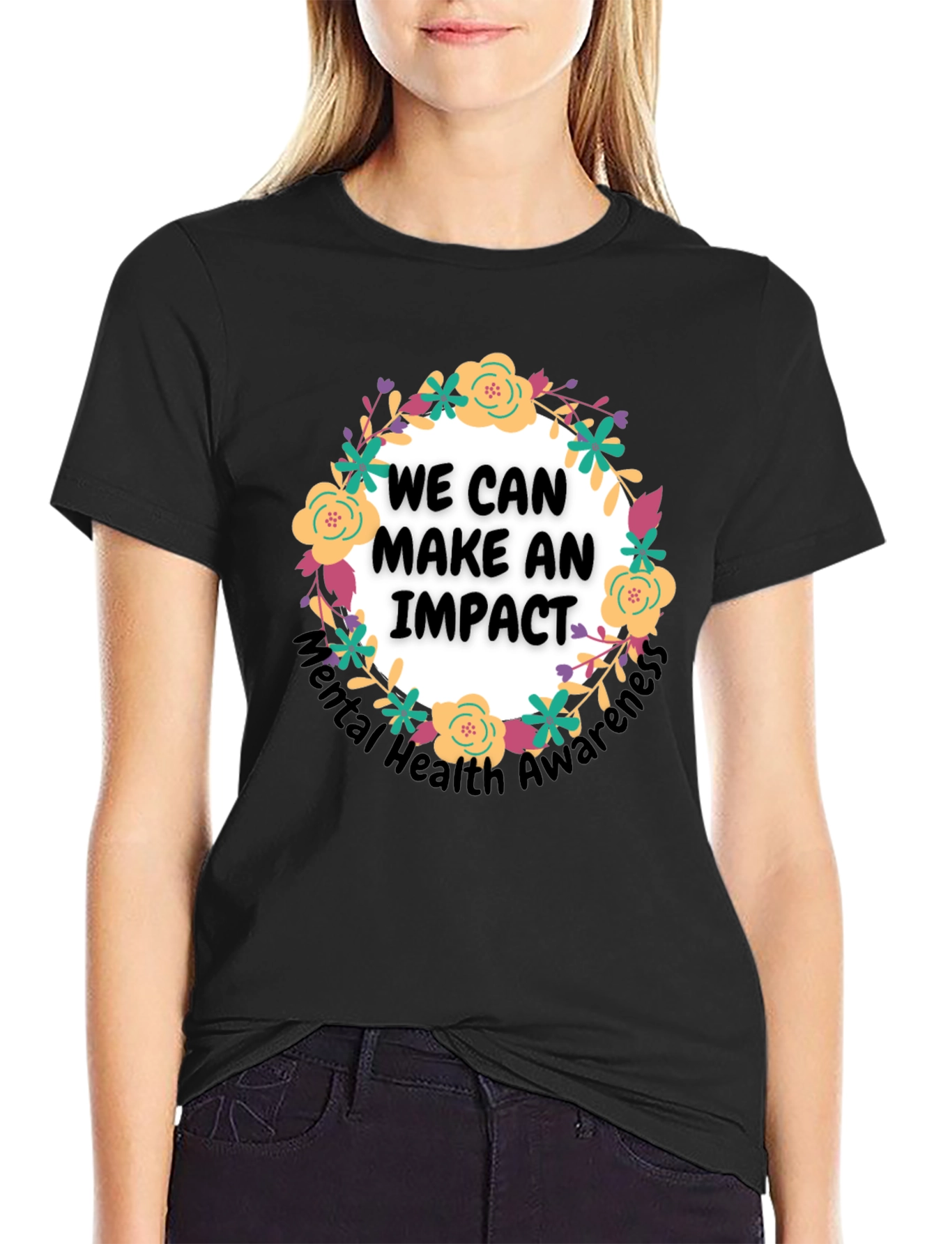 Camiseta Negra con Diseño Floral Impacto Salud Mental