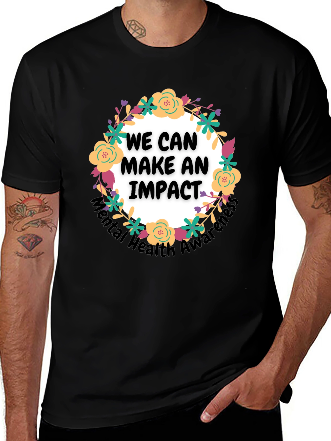 Camiseta Negra con Diseño Floral Impacto Salud Mental