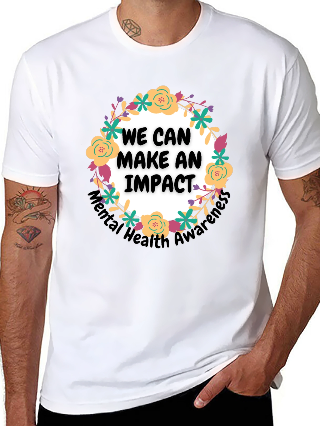 Camiseta Negra con Diseño Floral Impacto Salud Mental