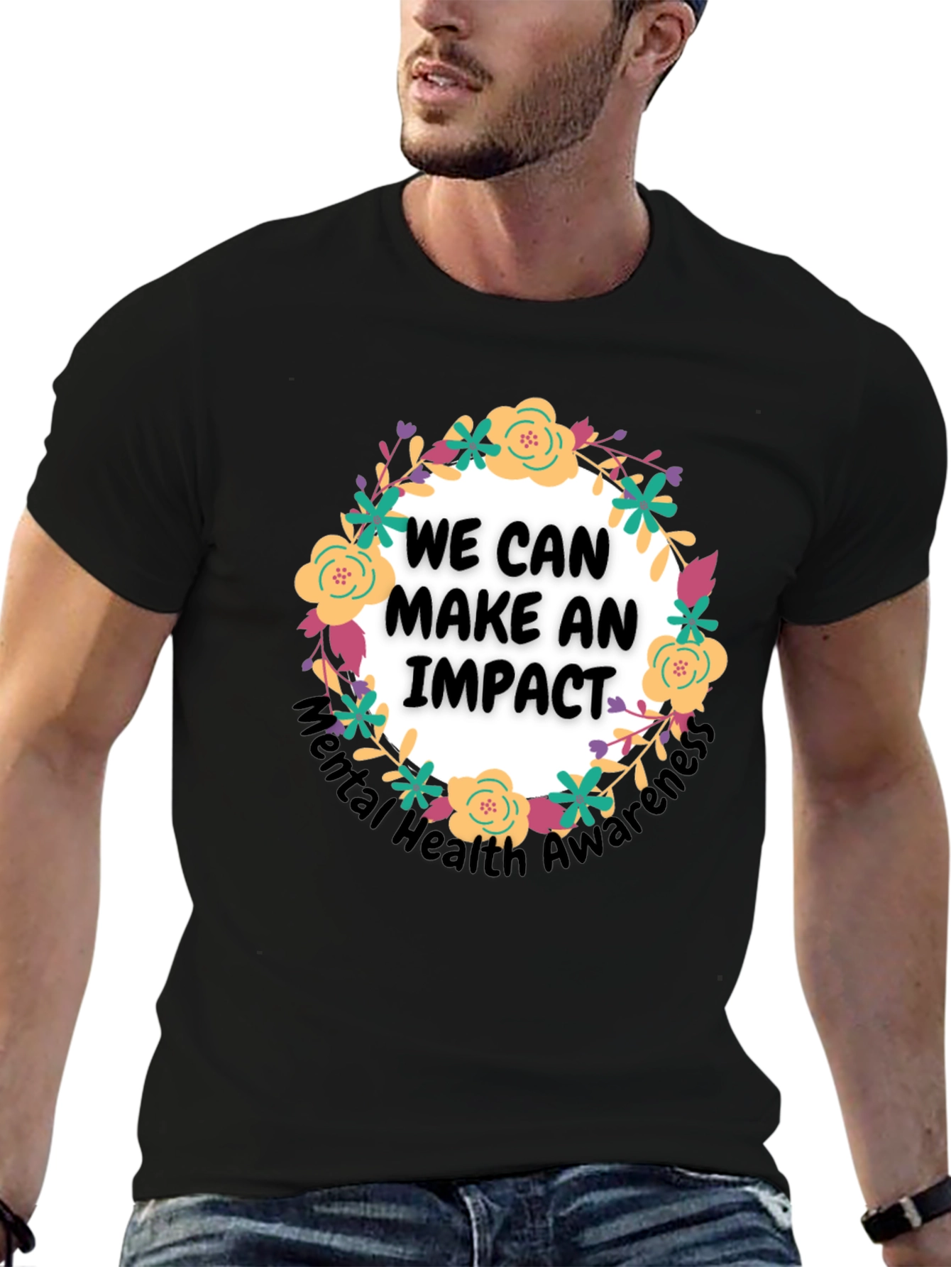 Camiseta Negra con Diseño Floral Impacto Salud Mental