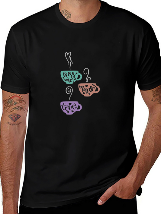 Camiseta Negra Estampado Tazas de Café Amor