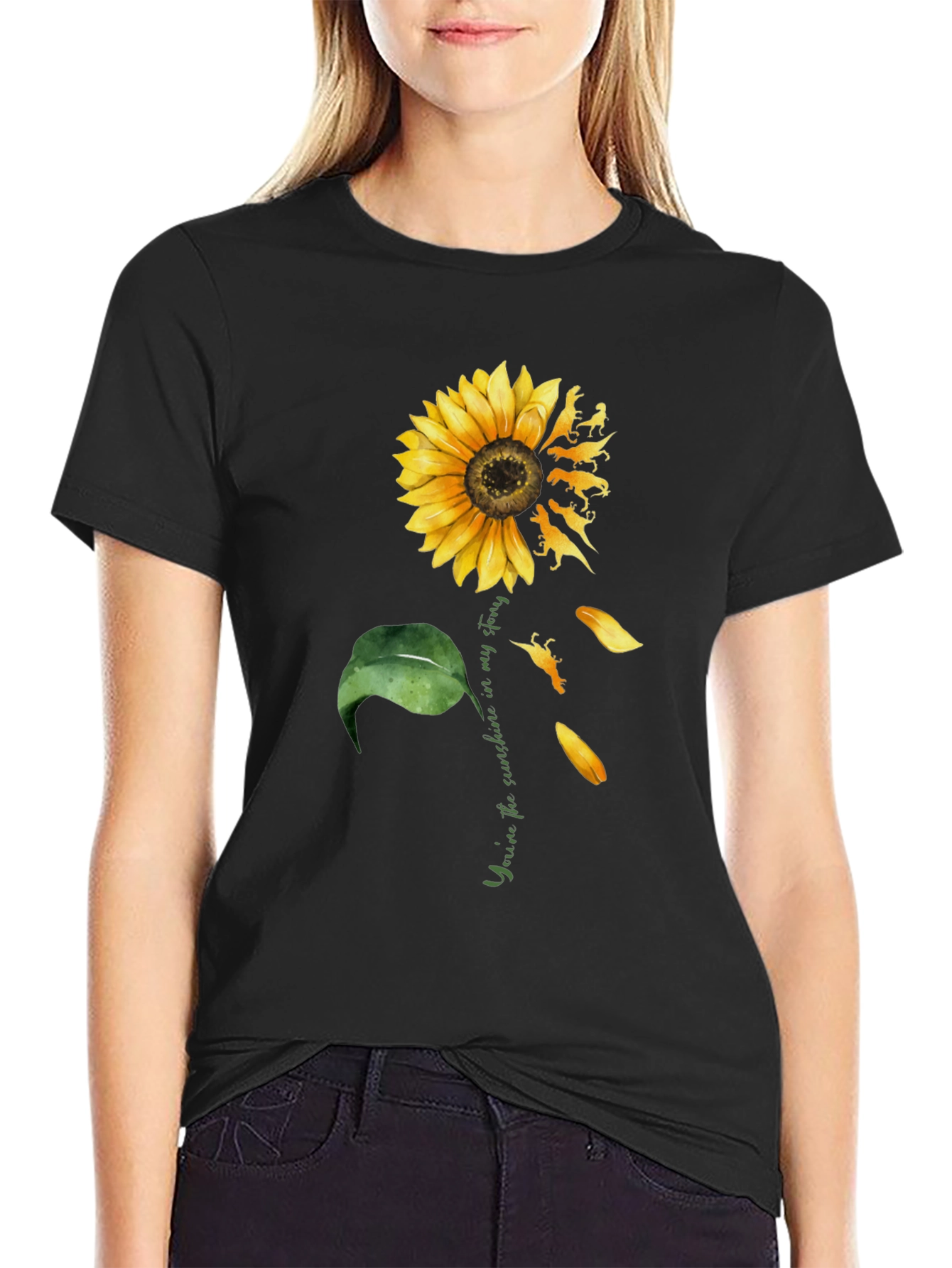 Camiseta Negra Girasol Dinosaurios Mi Sol