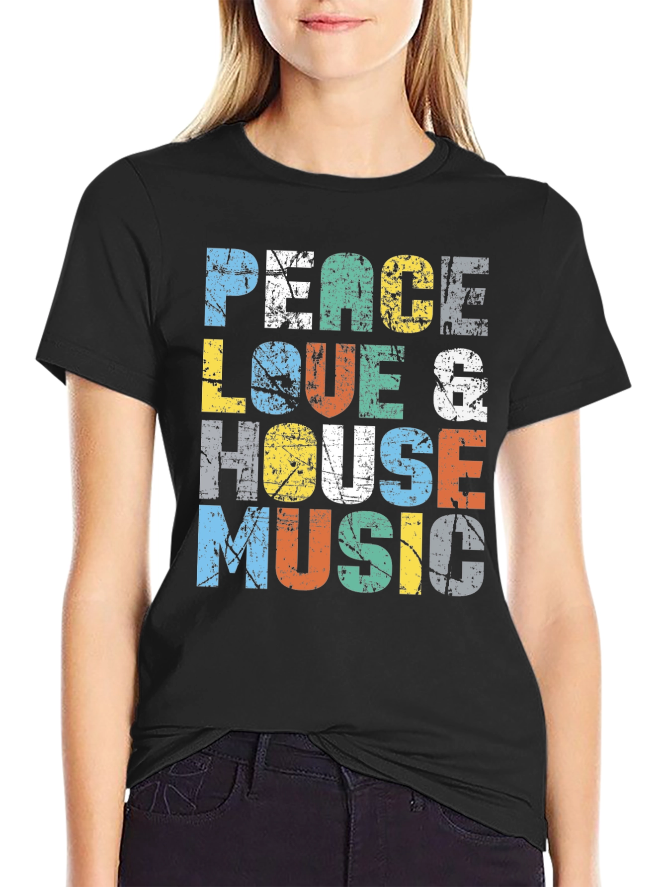Camiseta Peace Love & House Music Estampada