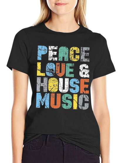 Camiseta Peace Love & House Music Estampada