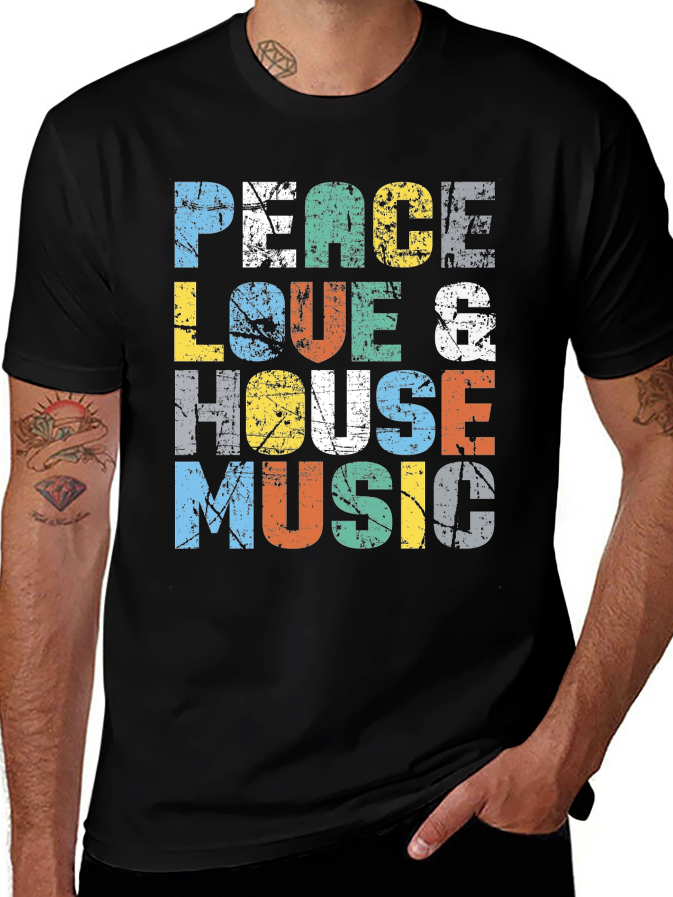 Camiseta Peace Love & House Music Estampada
