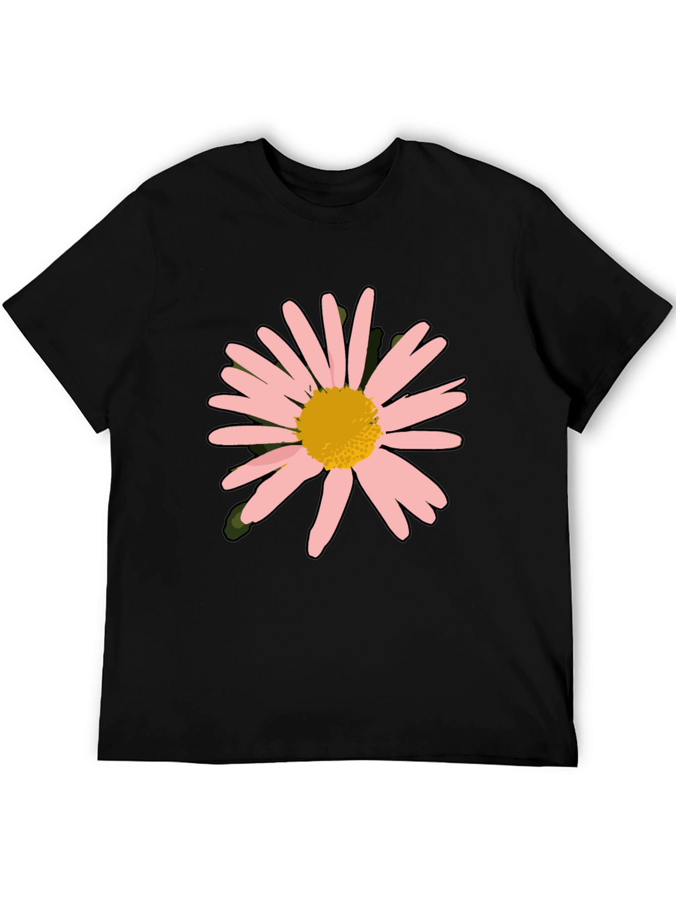 Camiseta Negra con Diseño Floral Rosa y Amarillo