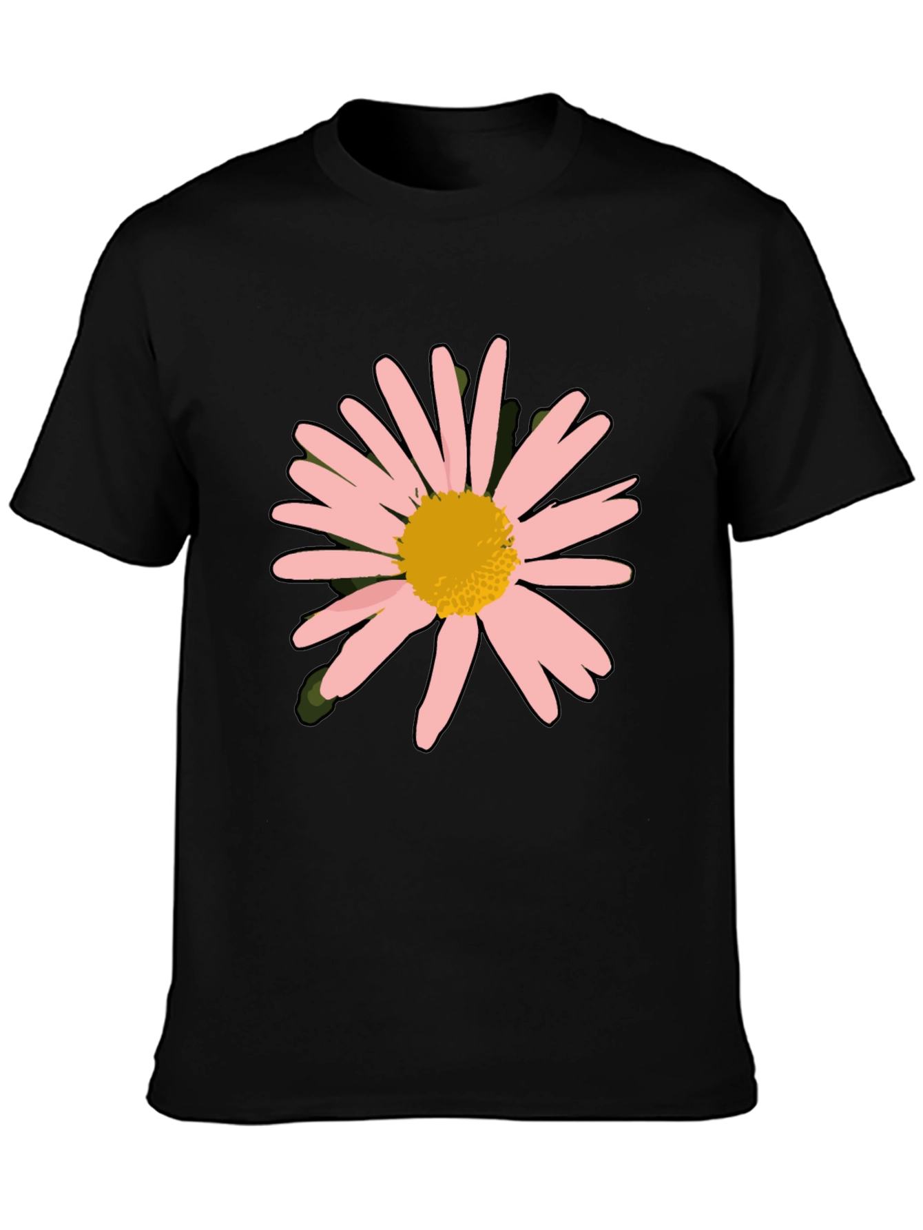 Camiseta Negra con Diseño Floral Rosa y Amarillo