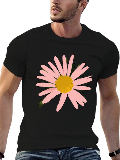 Camiseta Negra con Diseño Floral Rosa y Amarillo