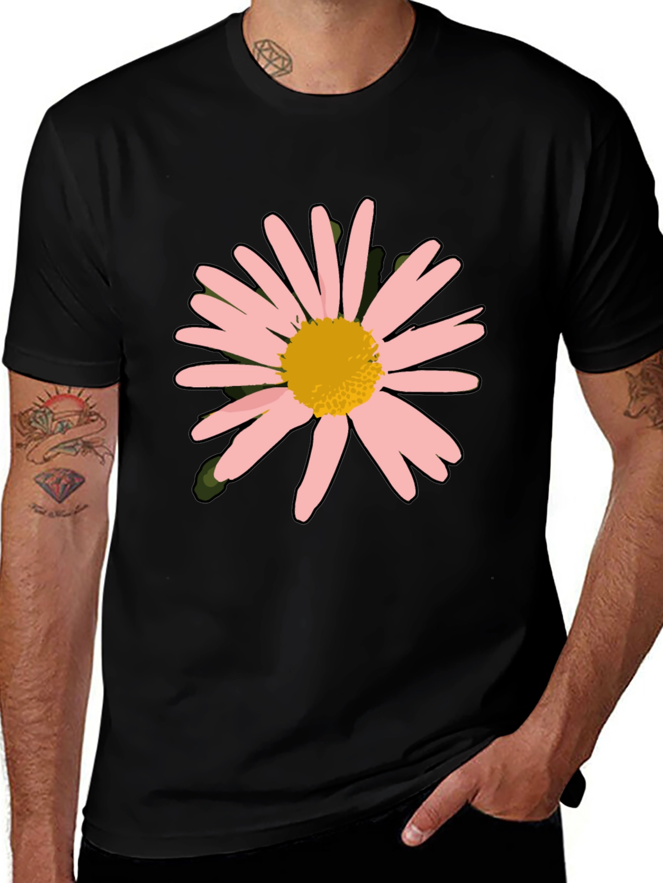 Camiseta Negra con Diseño Floral Rosa y Amarillo