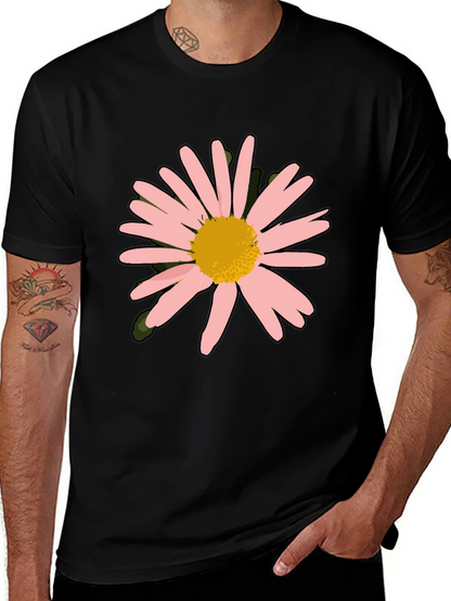 Camiseta Negra con Diseño Floral Rosa y Amarillo