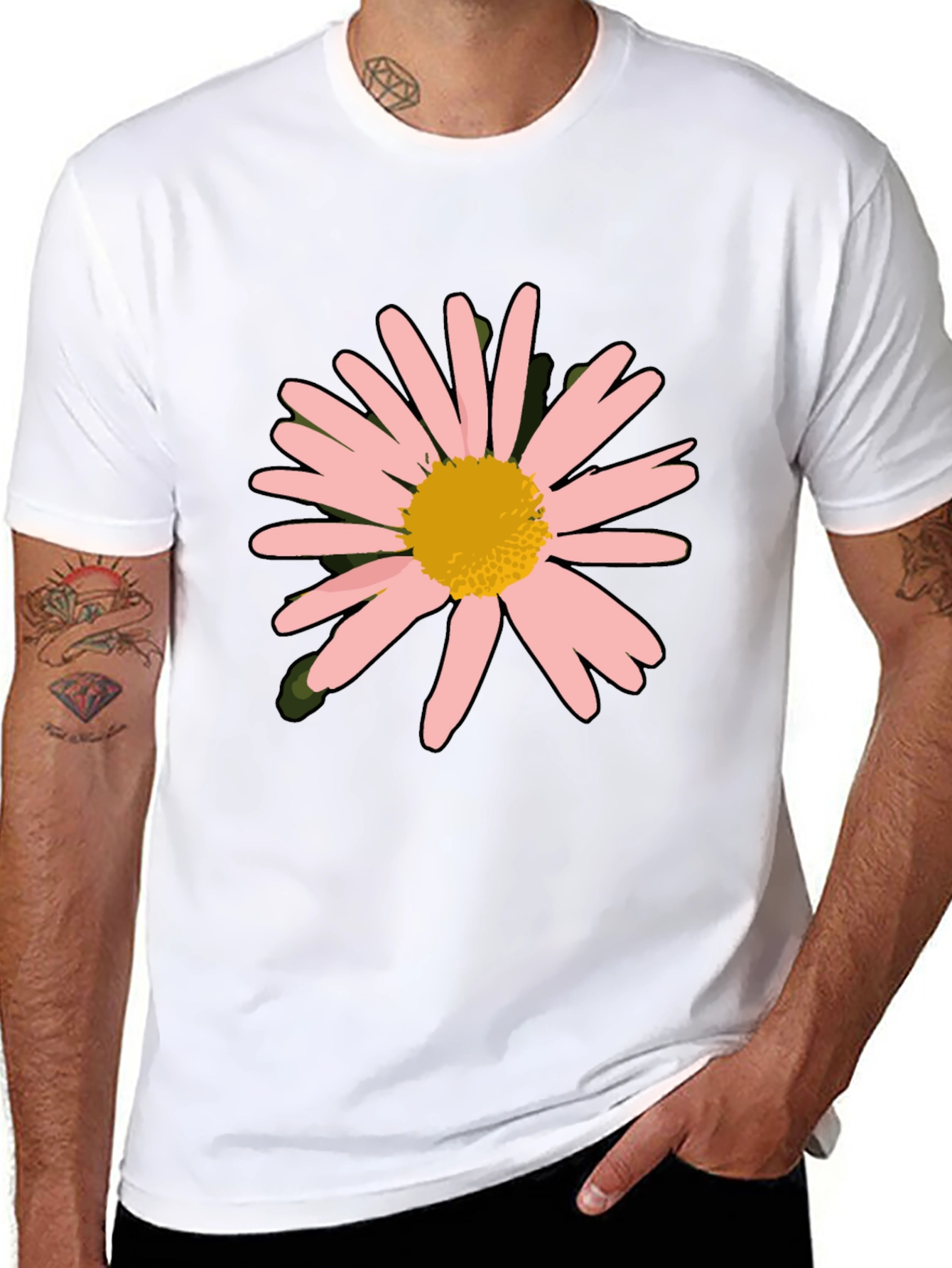 Camiseta Negra con Diseño Floral Rosa y Amarillo