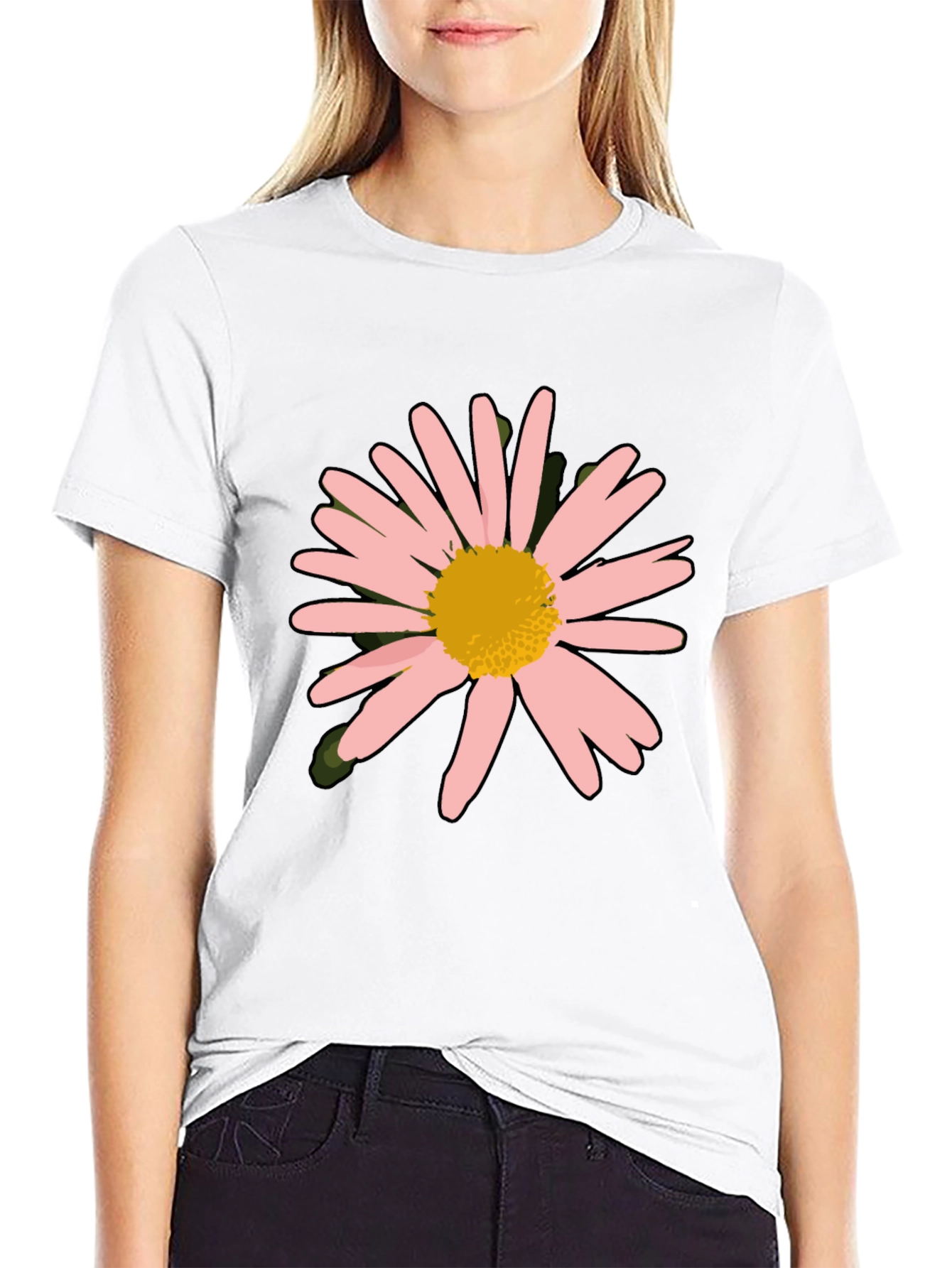 Camiseta Negra con Diseño Floral Rosa y Amarillo