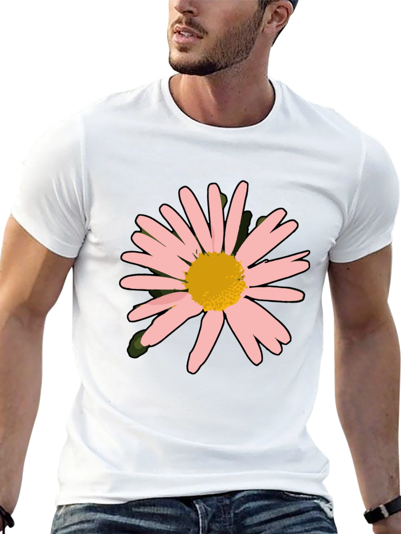 Camiseta Negra con Diseño Floral Rosa y Amarillo