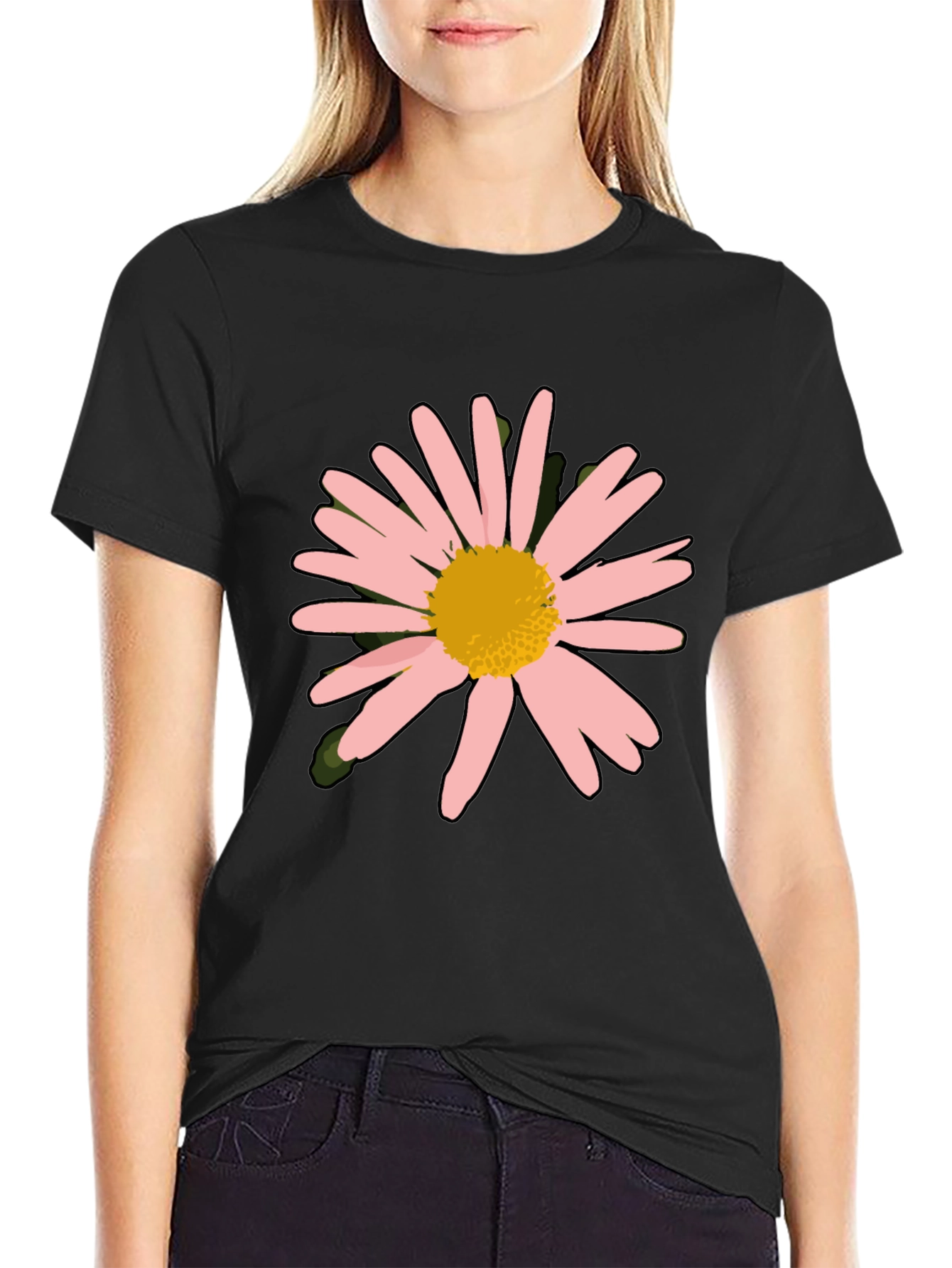 Camiseta Negra con Diseño Floral Rosa y Amarillo