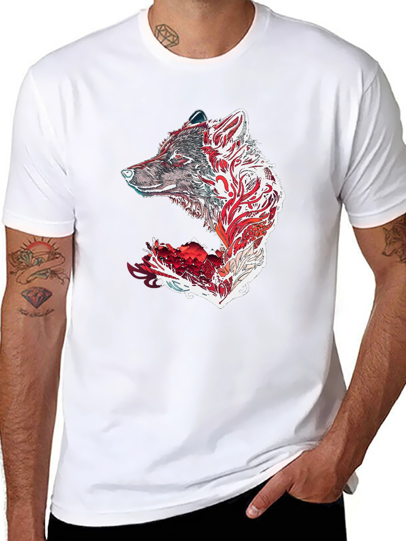 Camiseta Negra con Diseño de Lobo Tribal
