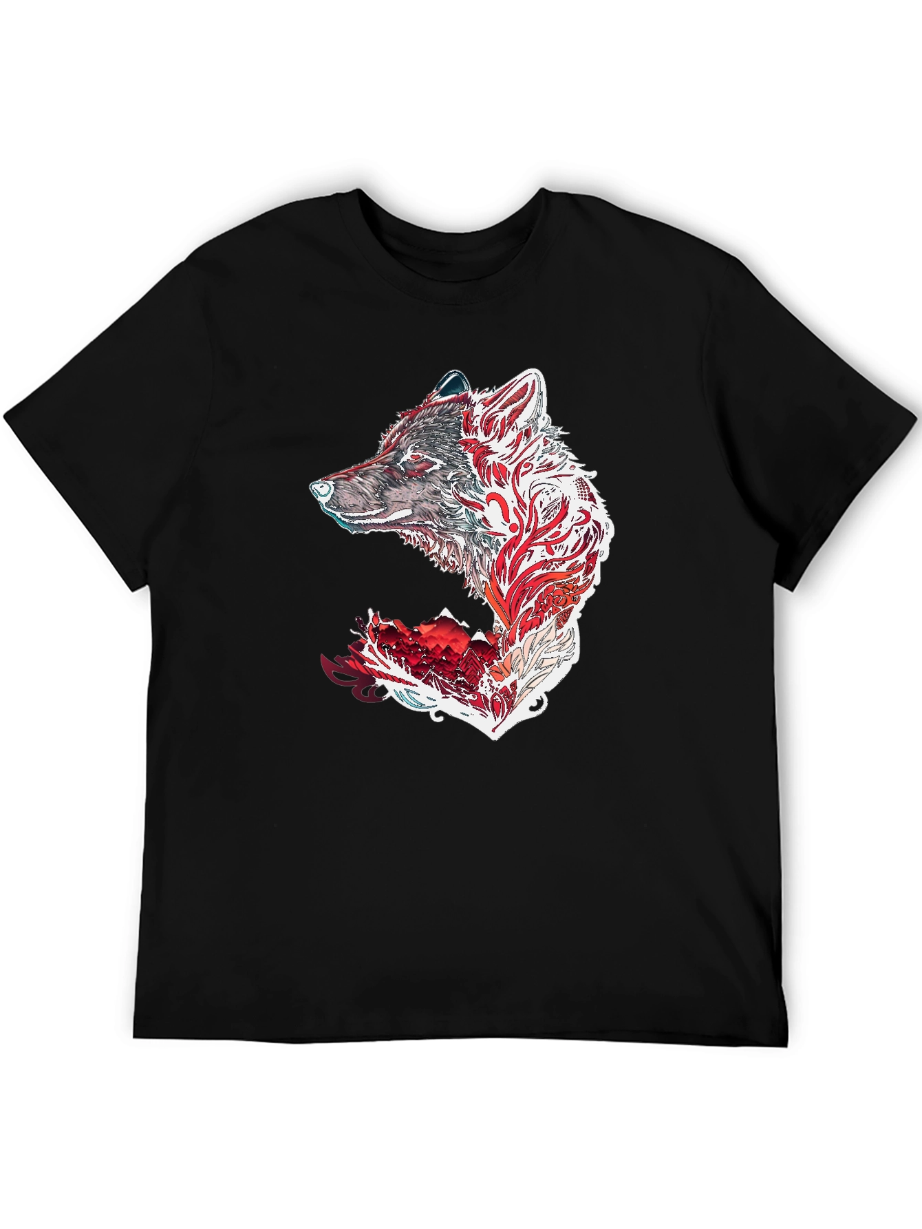 Camiseta Negra con Diseño de Lobo Tribal
