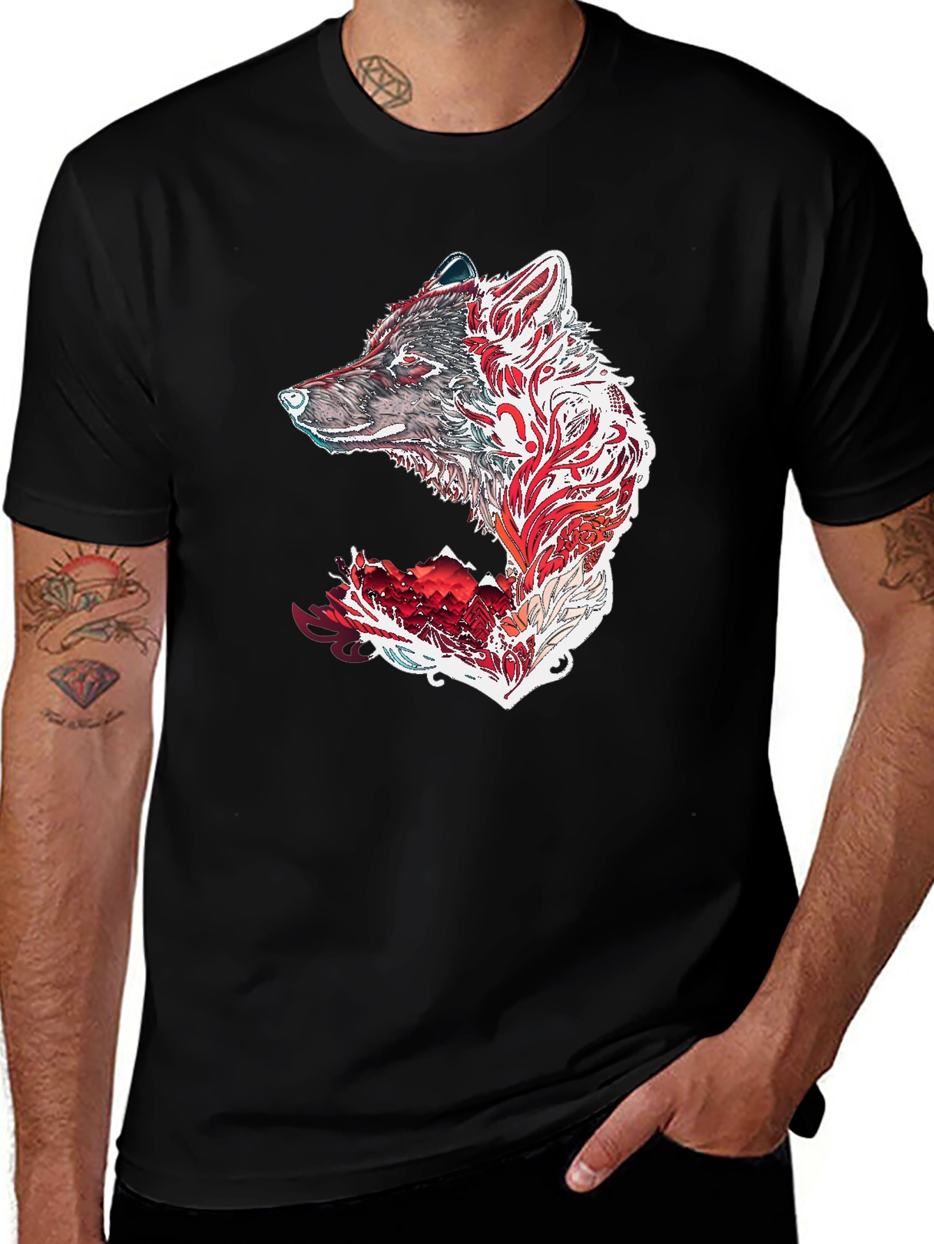 Camiseta Negra con Diseño de Lobo Tribal