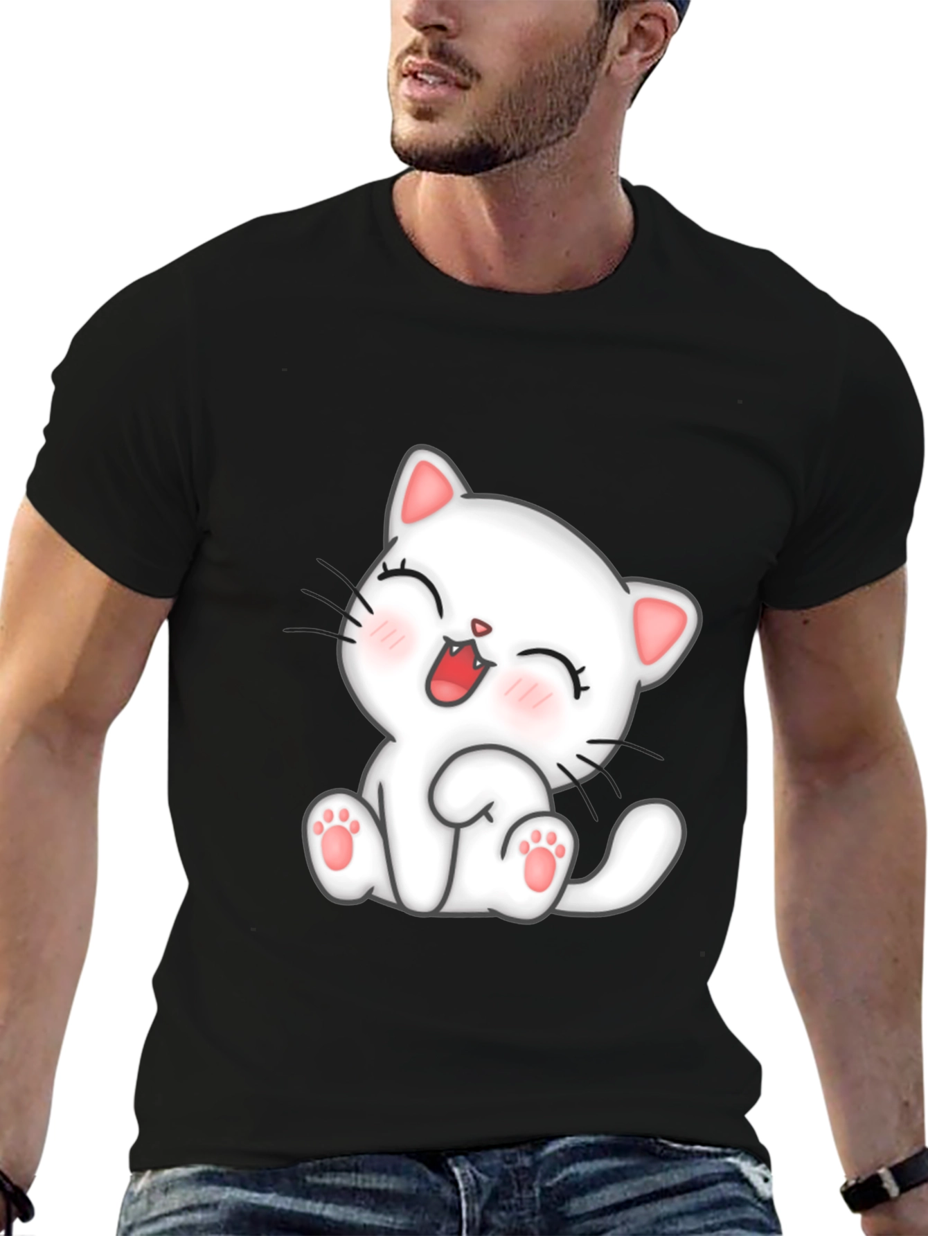 Camiseta Negra con Diseño de Gato Kawaii