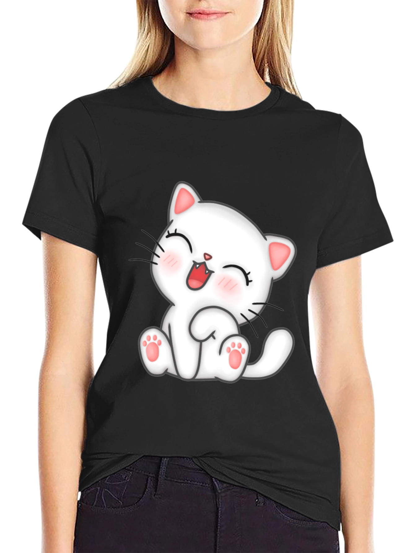 Camiseta Negra con Diseño de Gato Kawaii