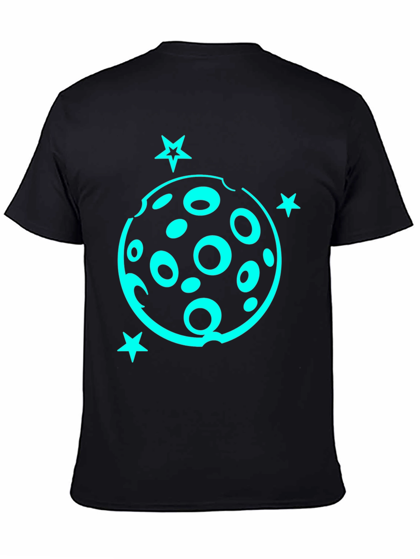 Camiseta Negra con Diseño Lunar y Estrellas Turquesa