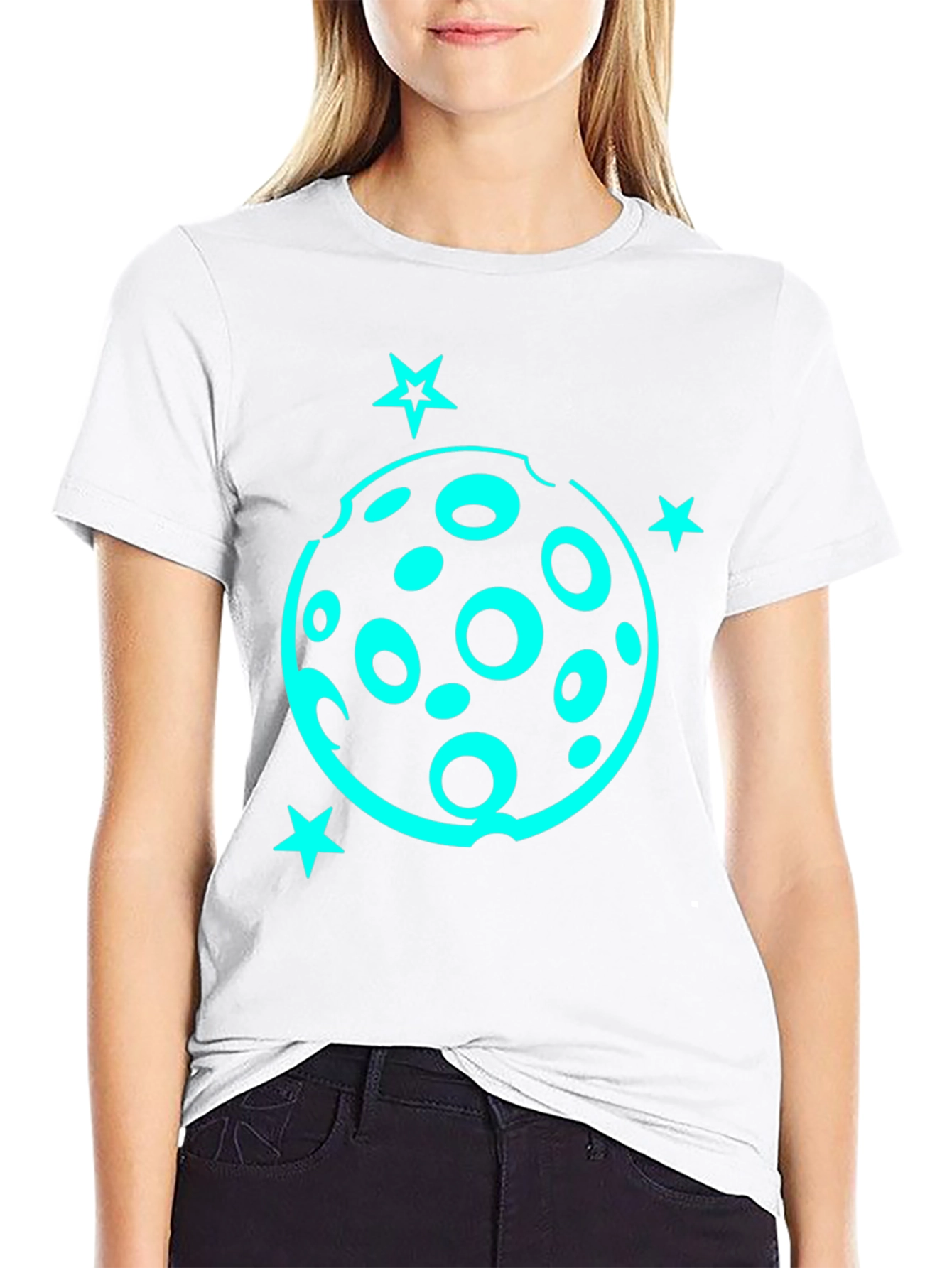 Camiseta Negra con Diseño Lunar y Estrellas Turquesa