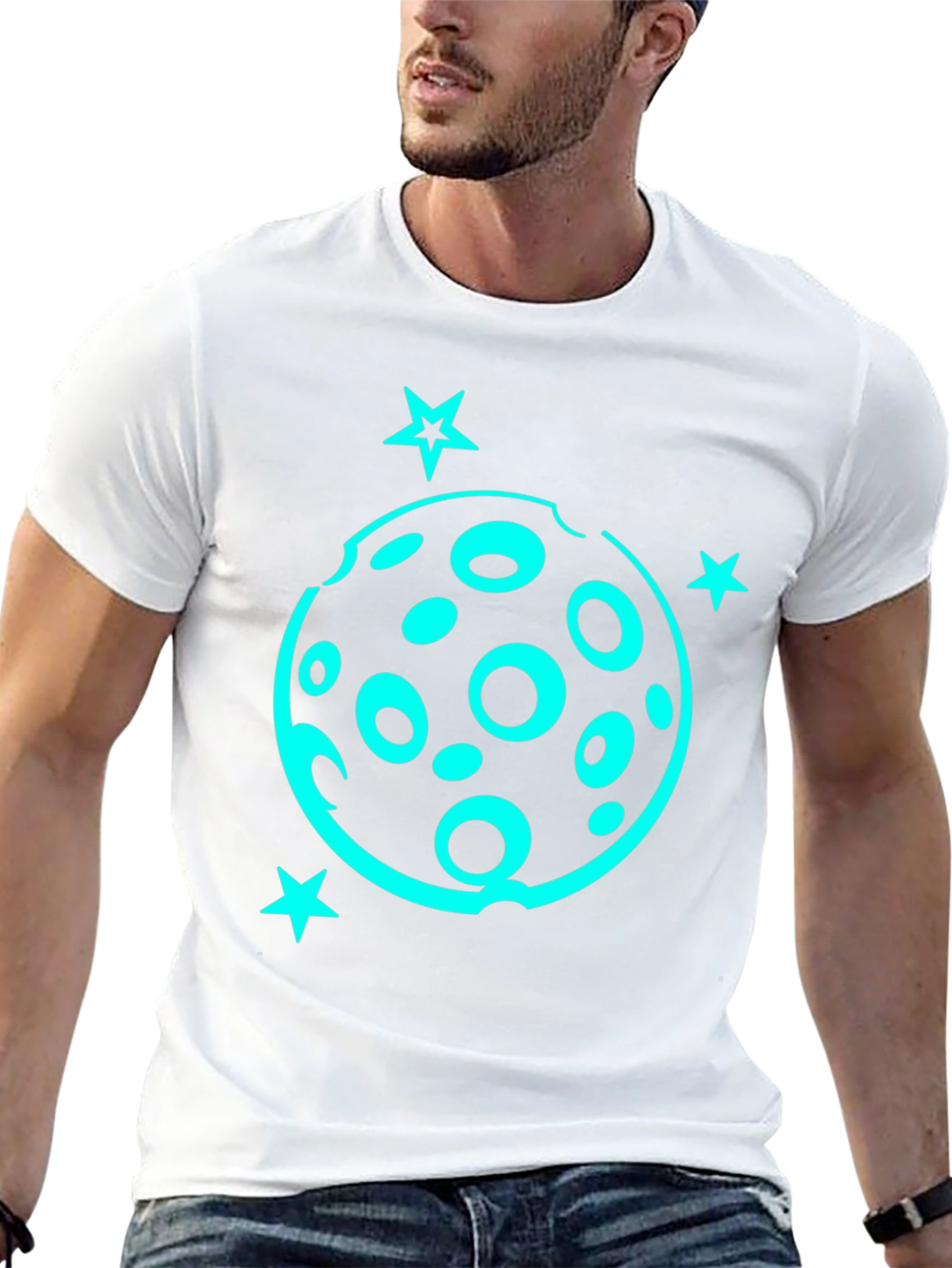 Camiseta Negra con Diseño Lunar y Estrellas Turquesa