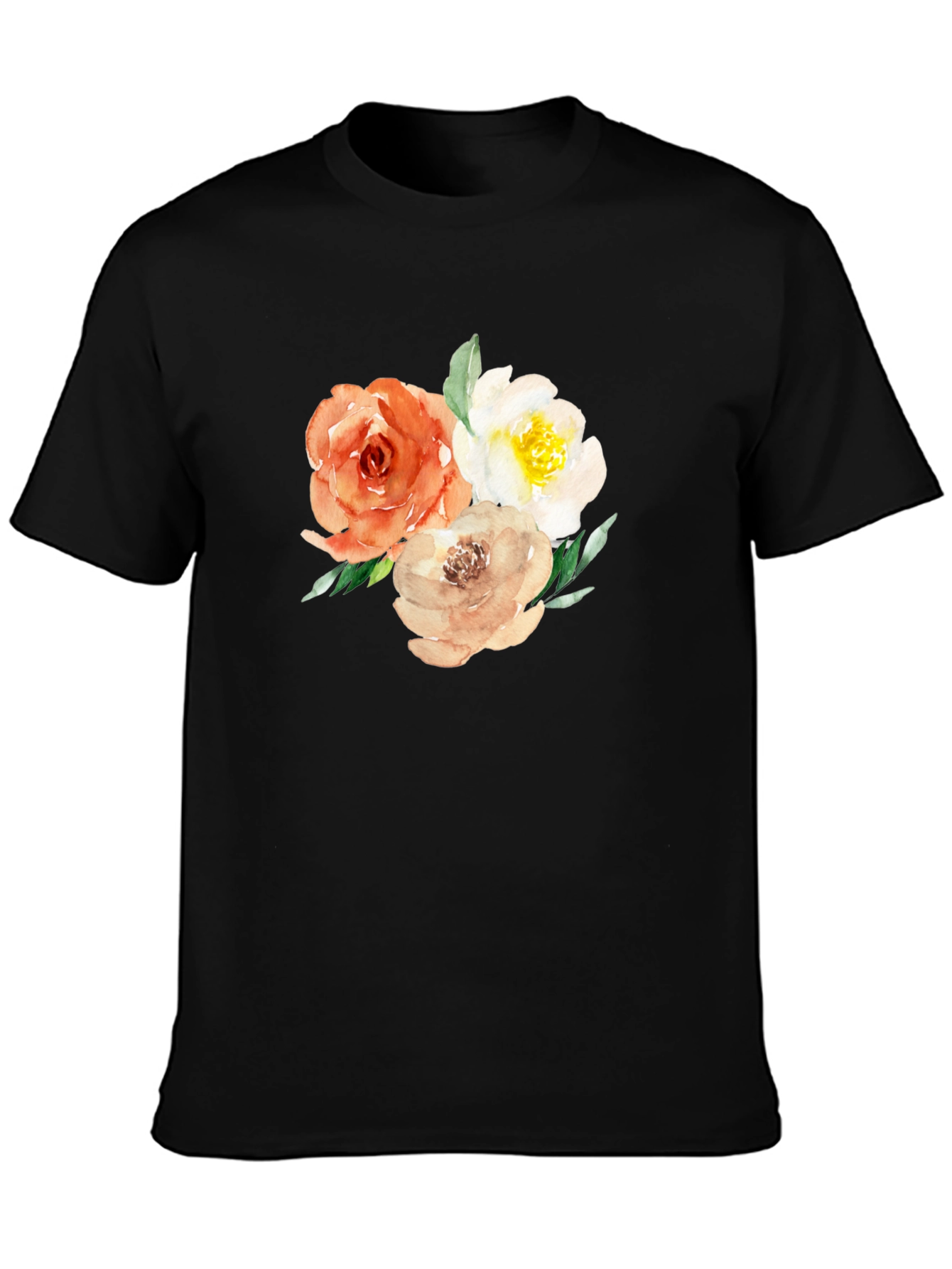 Camiseta Negra con Diseño Floral Acuarela