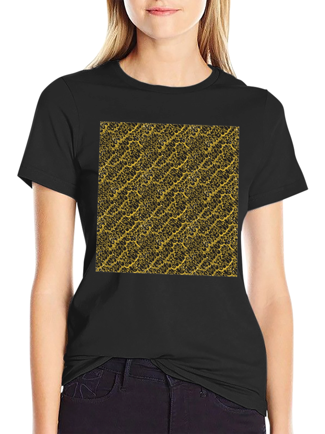Camiseta Negra Estampado Dorado Elegante
