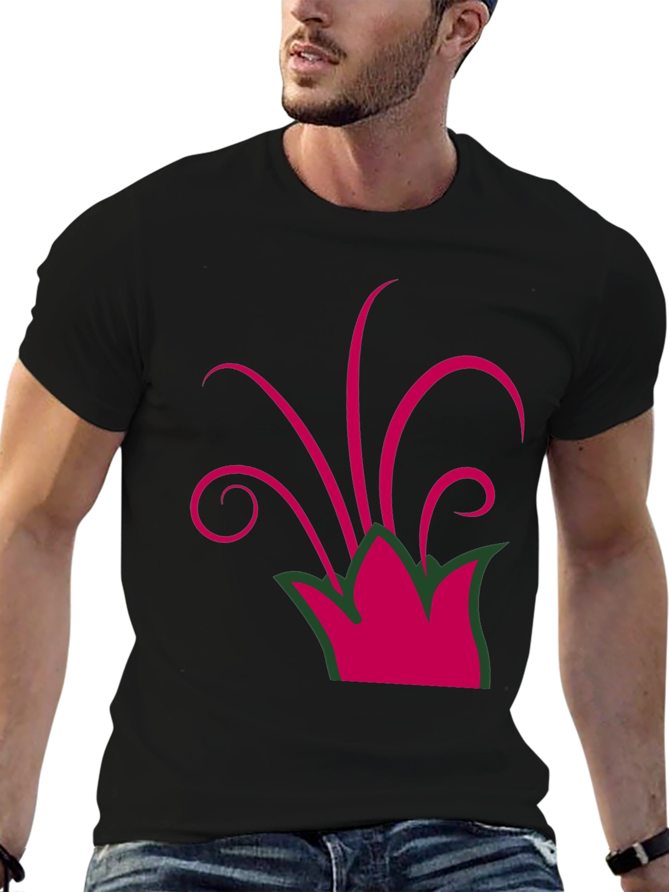 Camiseta Negra con Diseño Floral Abstracto Magenta