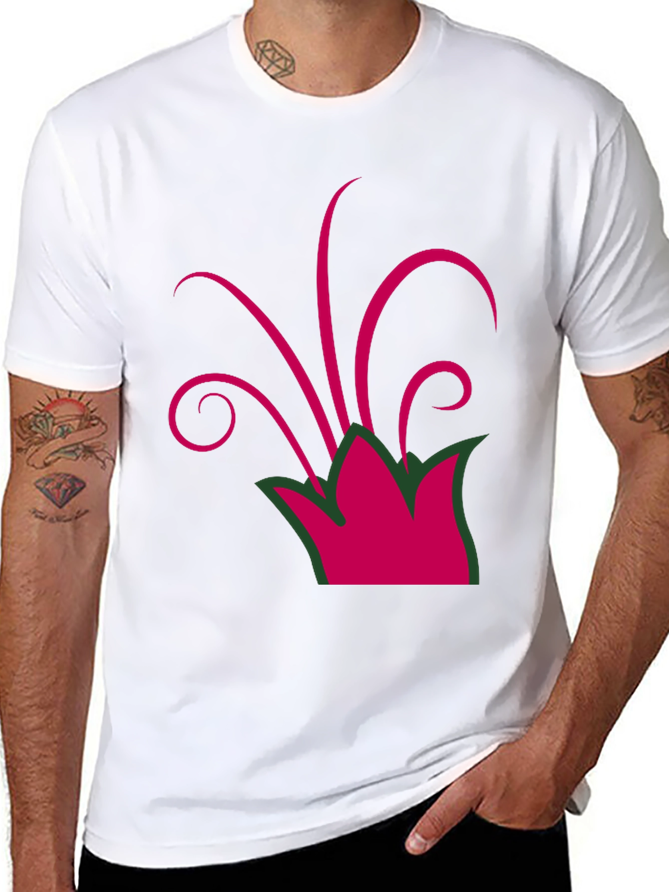 Camiseta Negra con Diseño Floral Abstracto Magenta