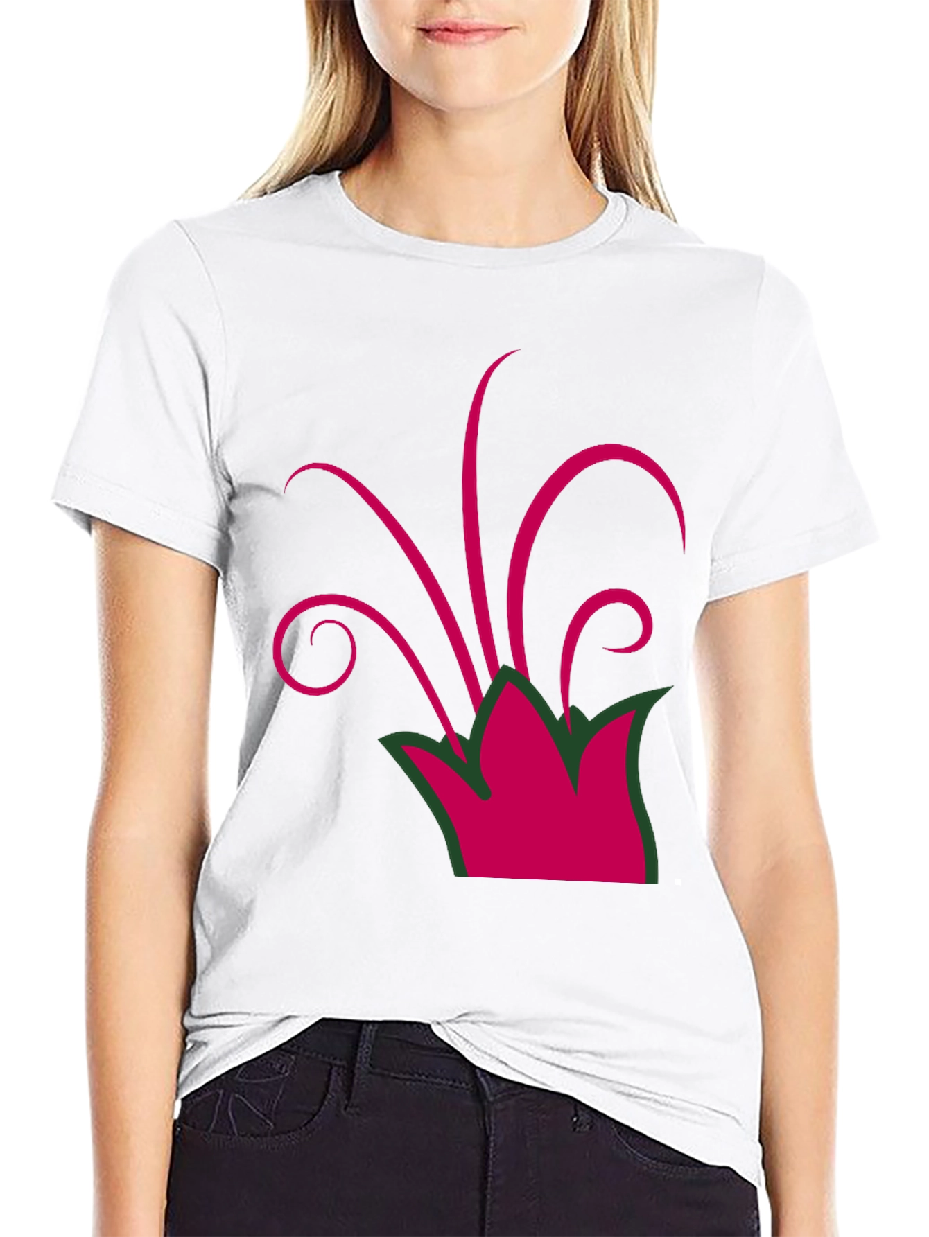 Camiseta Negra con Diseño Floral Abstracto Magenta