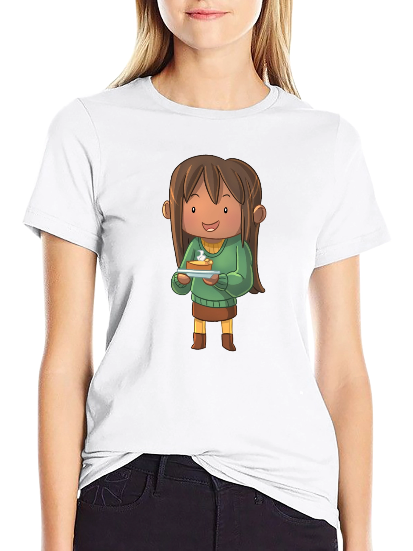 Camiseta Negra con Diseño de Personaje Animado con Tarta