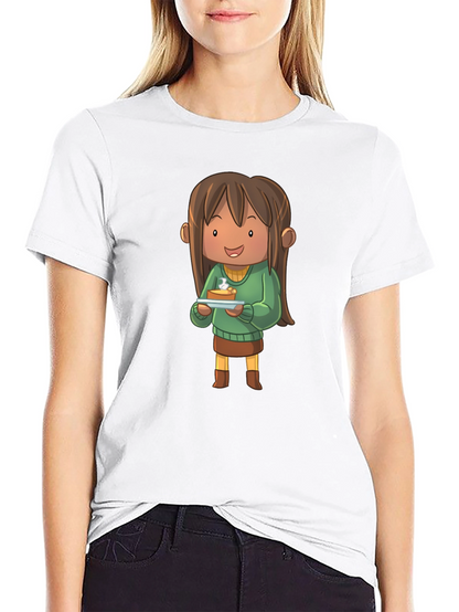 Camiseta Negra con Diseño de Personaje Animado con Tarta