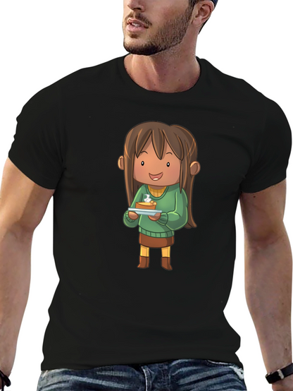 Camiseta Negra con Diseño de Personaje Animado con Tarta