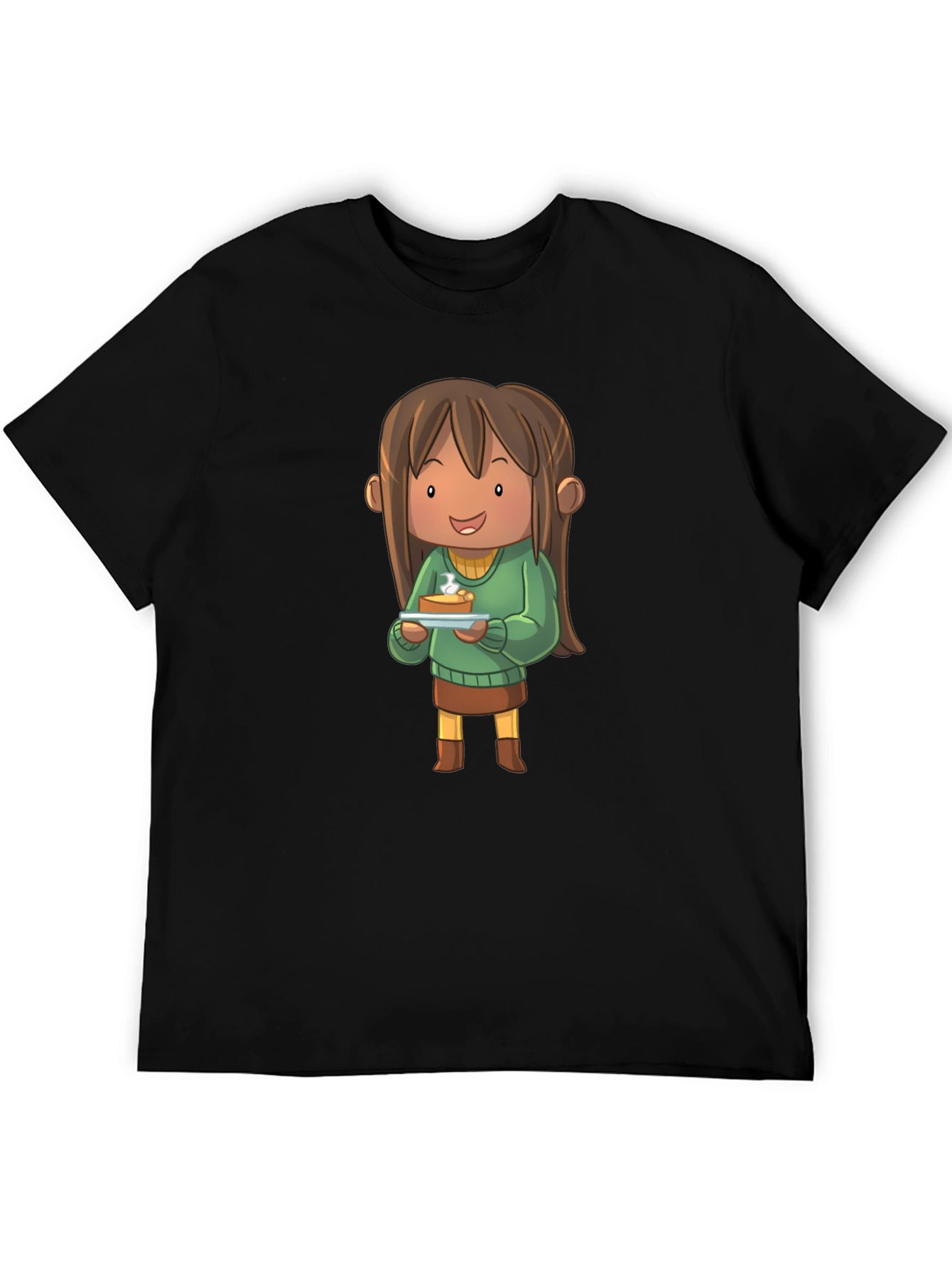 Camiseta Negra con Diseño de Personaje Animado con Tarta