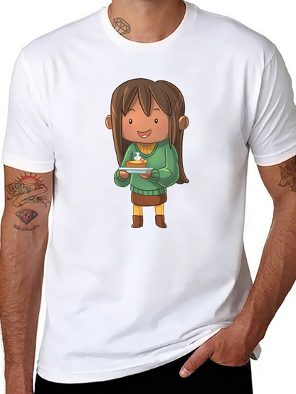 Camiseta Negra con Diseño de Personaje Animado con Tarta