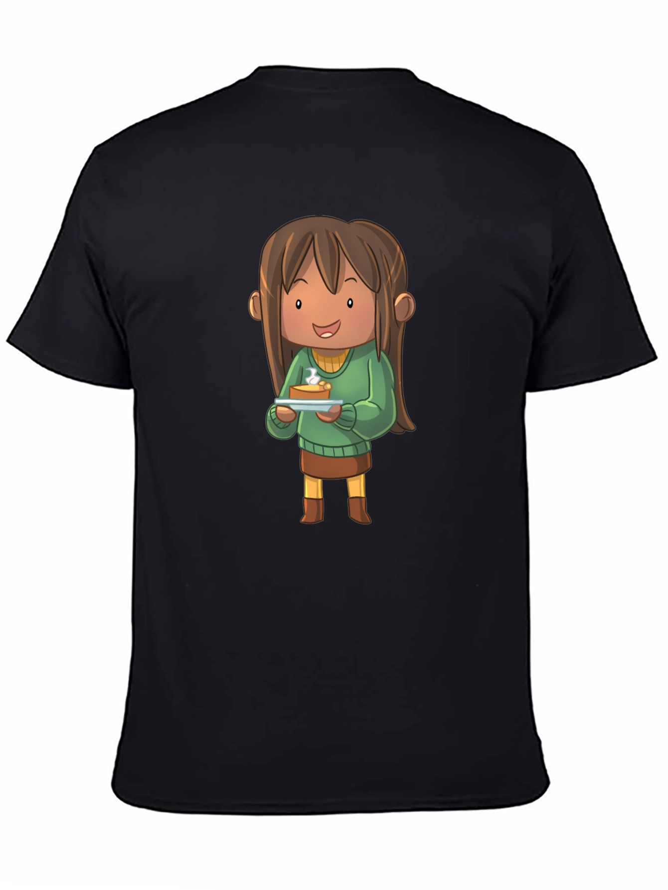 Camiseta Negra con Diseño de Personaje Animado con Tarta