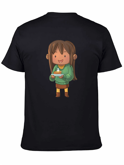 Camiseta Negra con Diseño de Personaje Animado con Tarta
