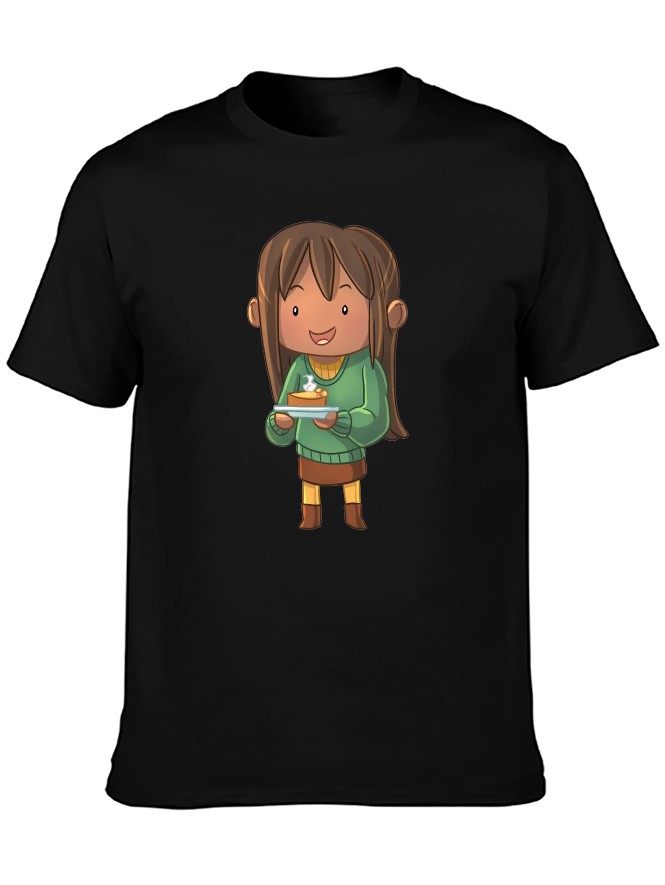 Camiseta Negra con Diseño de Personaje Animado con Tarta