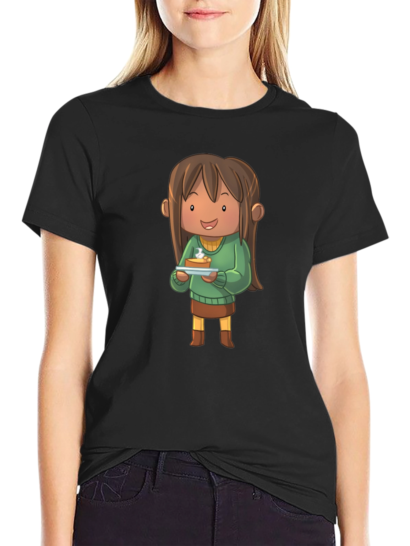 Camiseta Negra con Diseño de Personaje Animado con Tarta