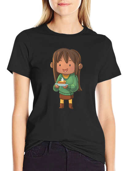 Camiseta Negra con Diseño de Personaje Animado con Tarta