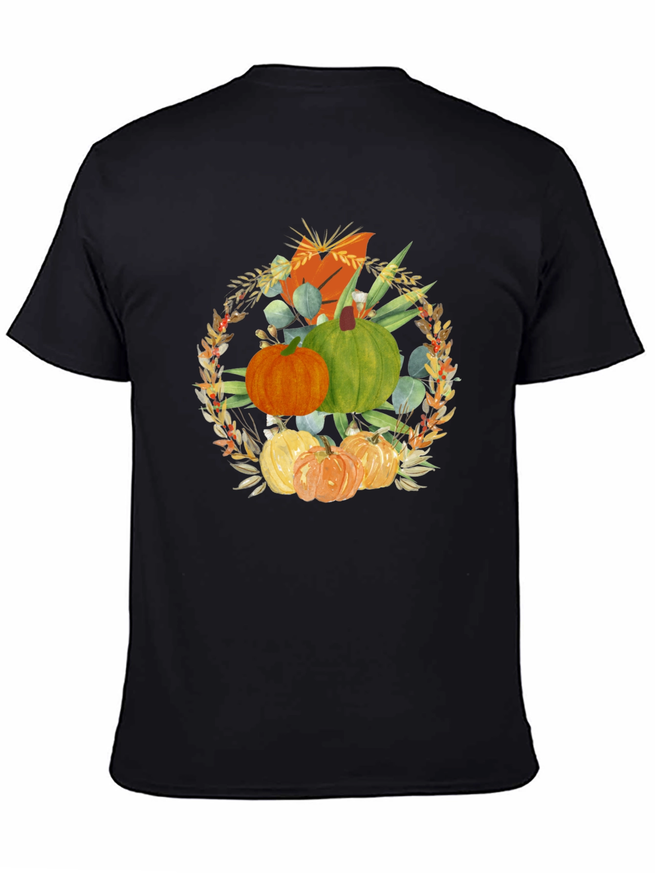 Camiseta Negra con Diseño de Calabazas Otoñales