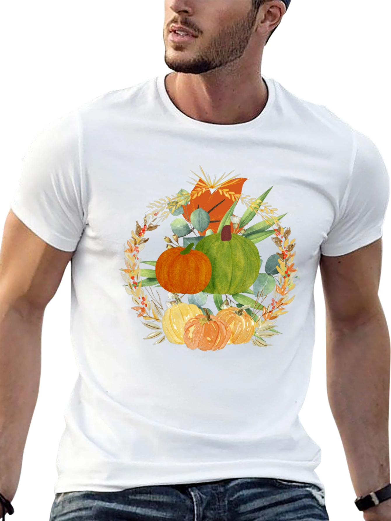 Camiseta Negra con Diseño de Calabazas Otoñales