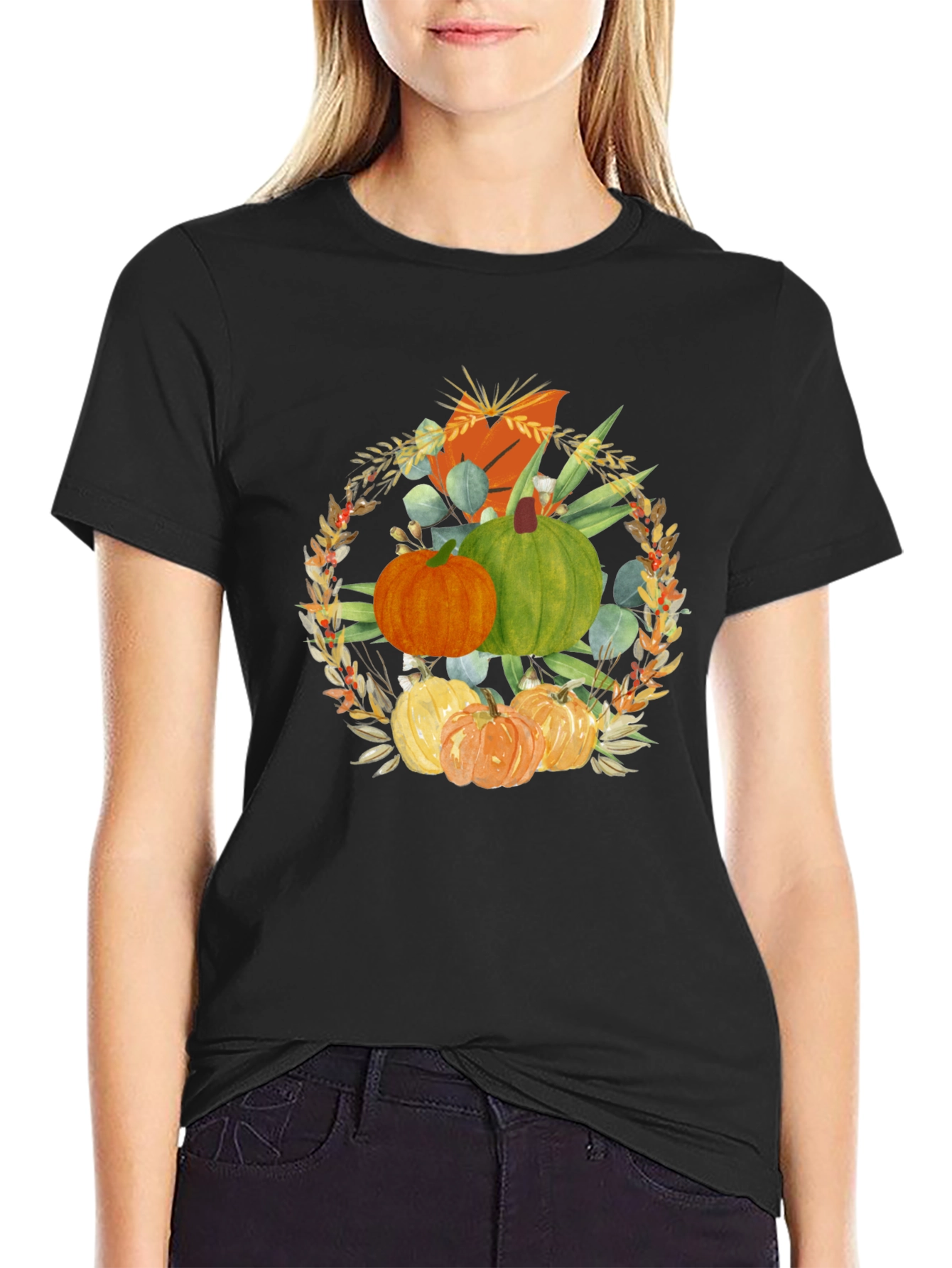 Camiseta Negra con Diseño de Calabazas Otoñales